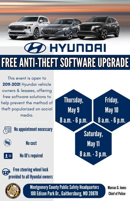 County Police Holding a Special Event Through Saturday, May 11, to Assist Owners of Theft-Prone Hyundais 