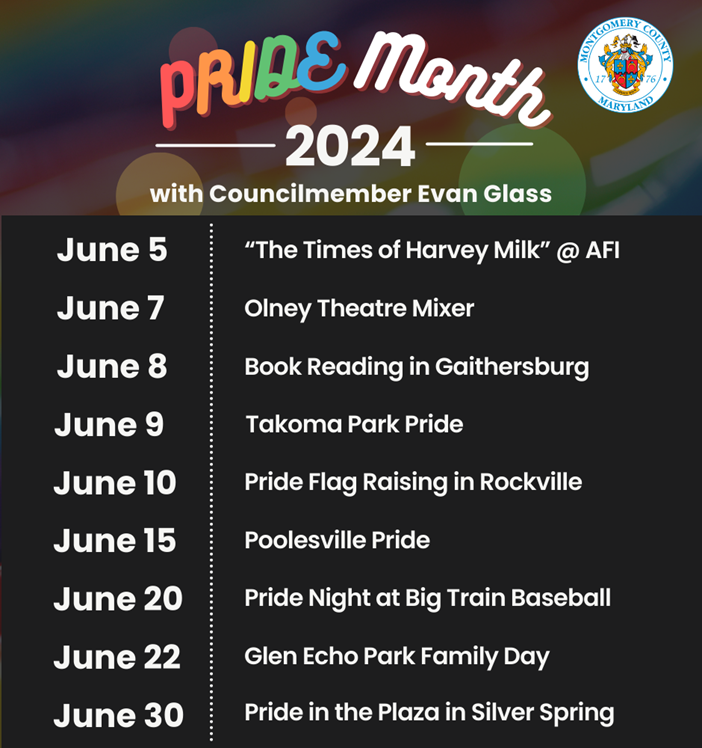 Councilmember Glass' 2024 Pride Month event schedule.