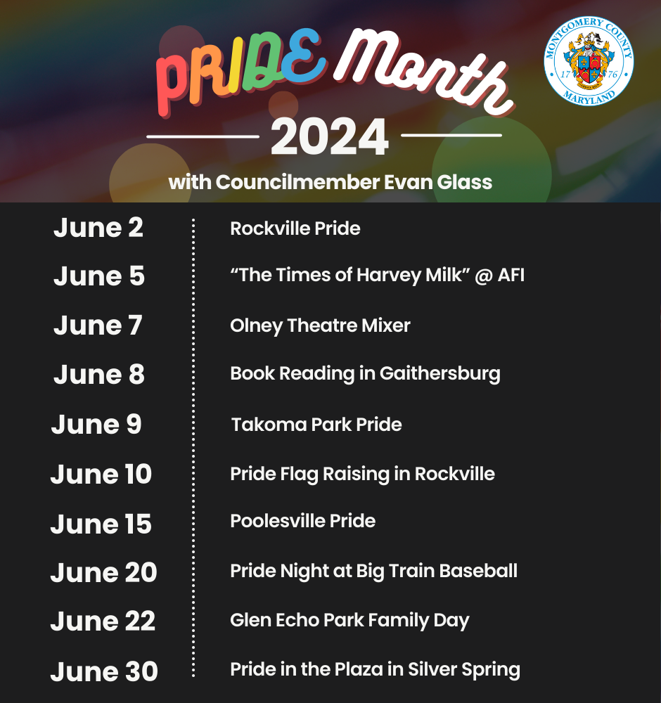 A graphic listing the various Pride events happening throughout the month of June.