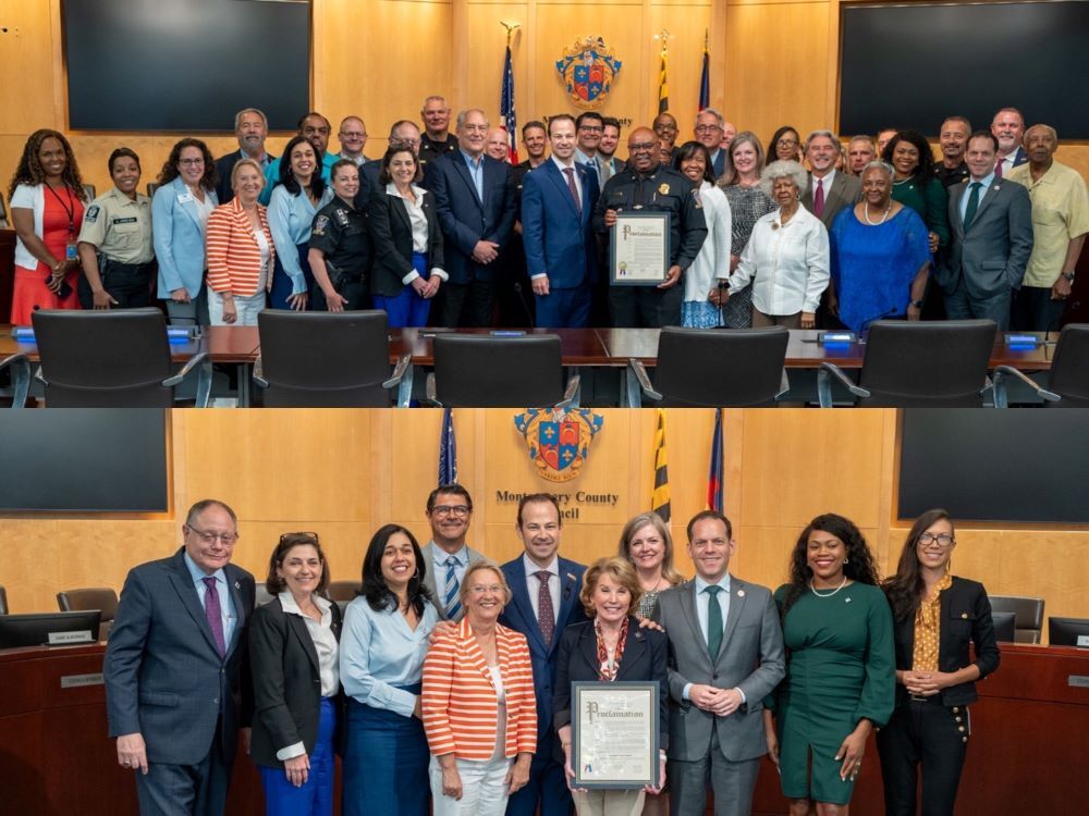 Stacked group photos in the Council chamber for the retirements of Gigi Godwin and Chief Jones.