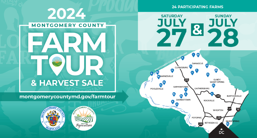 Graphic with Montgomery County map and farm locations for the 2024 Farm Tour and Harvest Sale.