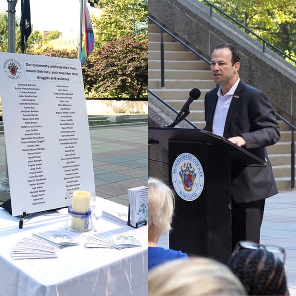 Side by side photo of the memorial display and CP Friedson speaking at a podium.