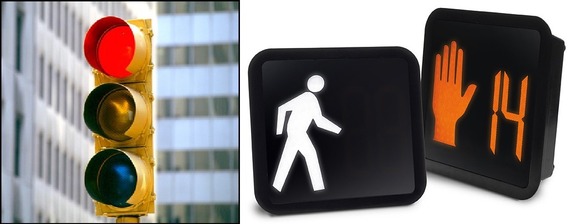 A photo of a traffic light next to a photo of a pedestrian crosswalk signal