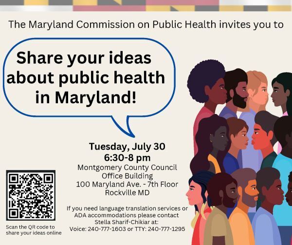 Graphic reading “Share your ideas about public health in Maryland” with a QR code.