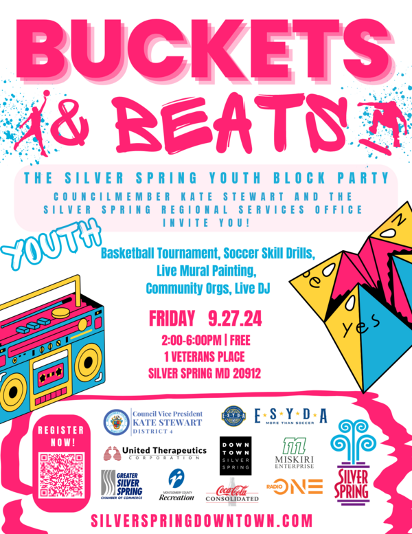 Flyer for Buckets and Beats: The Silver Spring Youth Block Party on September 27