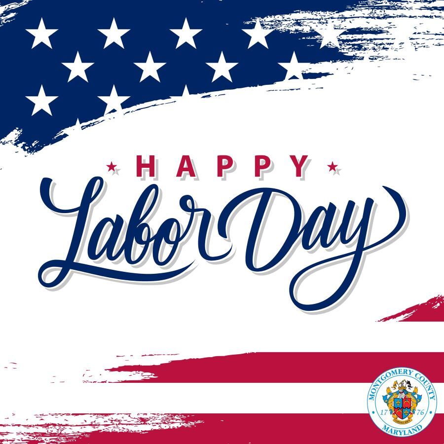 Happy Labor Day Graphic with American Flag and County seal.