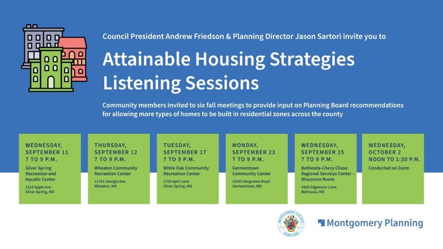 Attainable Housing Strategies listening sessions infographic with schedule of meetings.