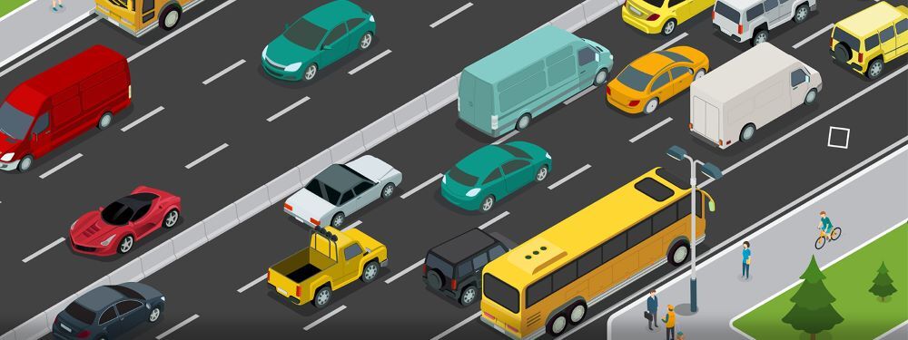 Animation of vehicles driving on a road next to a sidewalk with pedestrians and a biker.