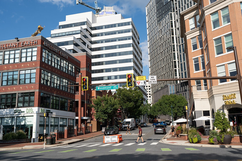 Street corner and crosswalk in Downtown Bethesda.