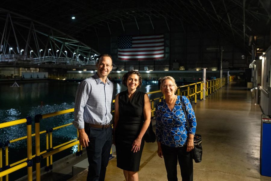 Council President Friedson, VP Stewart and Councilmember Balcombe in the NSWC Carderock indoor wave pool facility.