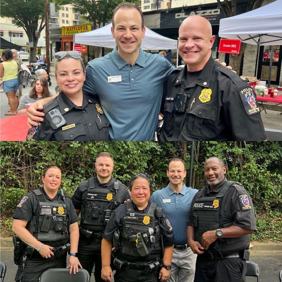 Side by side photos of Council President Friedson with members of law enforcement in the community.