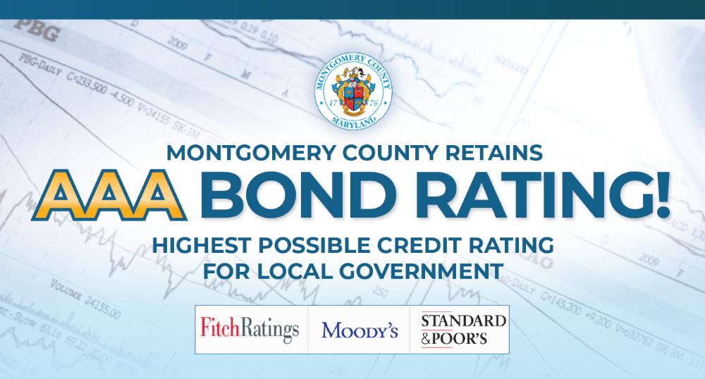 Infographic reading “Montgomery County retains AAA Bond Rating!” with financial data in the background.