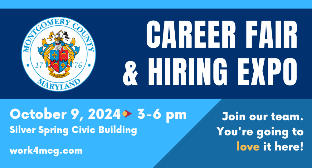 Career Fair and Hiring Expo blue and white infographic with County seal reading “Join our team. You’re going to love it here!”