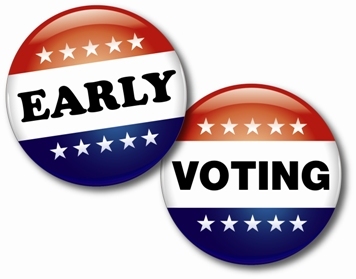 Early voting pins with red, blue and white stars.