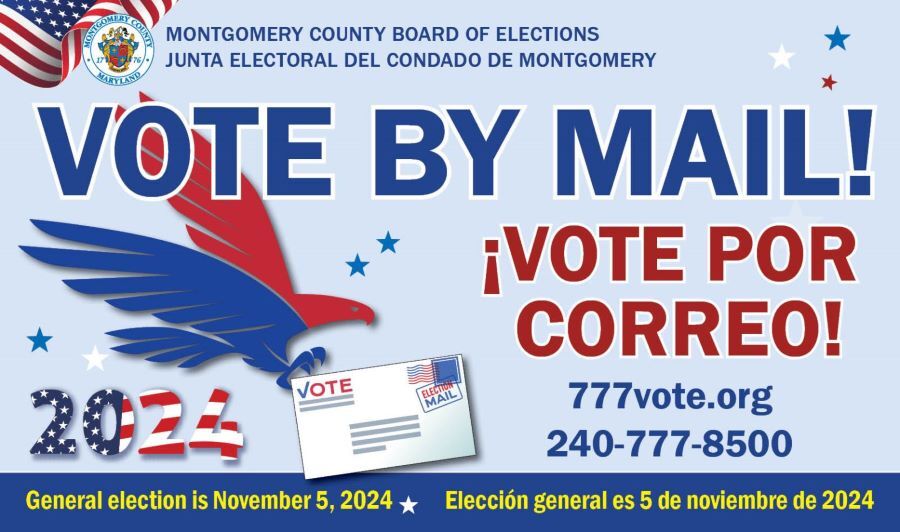 Vote by mail infographic in English and Spanish. Visit 777vote.org or call 240-777-8500.