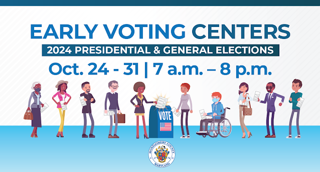 A graphic stating that Early Voting Centers are open October 24-31 from 7am - 8pm 