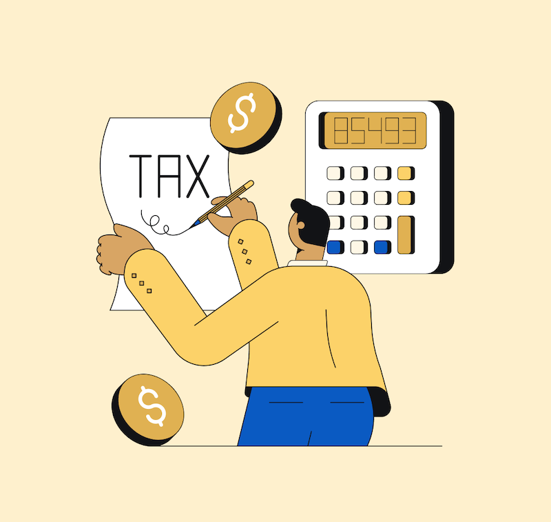 An illustration of a person with a calculator trying to figure out taxes