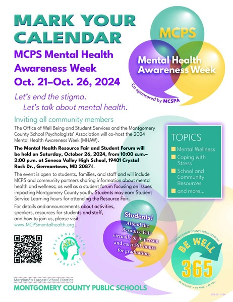 MCPS Mental Health Fair Flyer on 10/26/2024