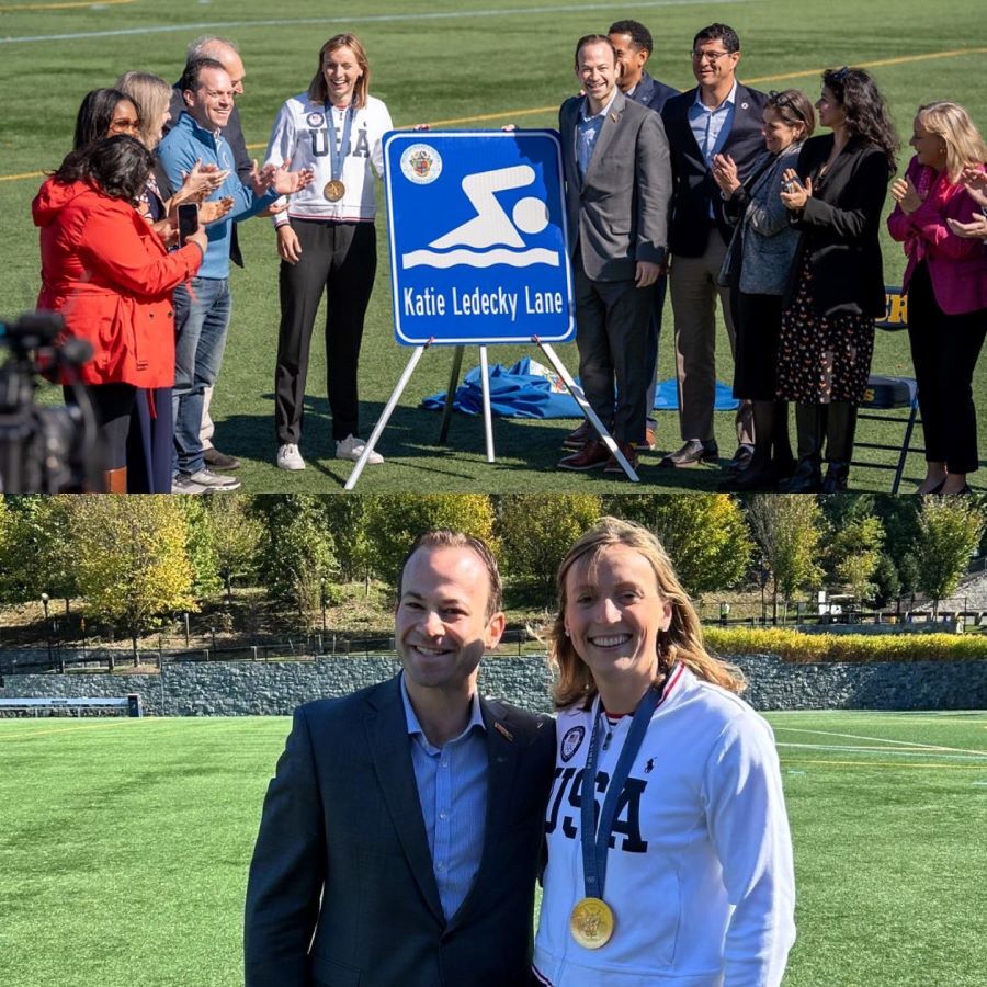 Stacked photos: Group photo with Katie Ledecky and “Katie Ledecky Lane” street sign; photo with Friedson and Ledecky.