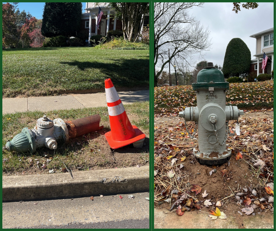 Two side-by-side photos: one of a broken fire hydrant and one of its replacement