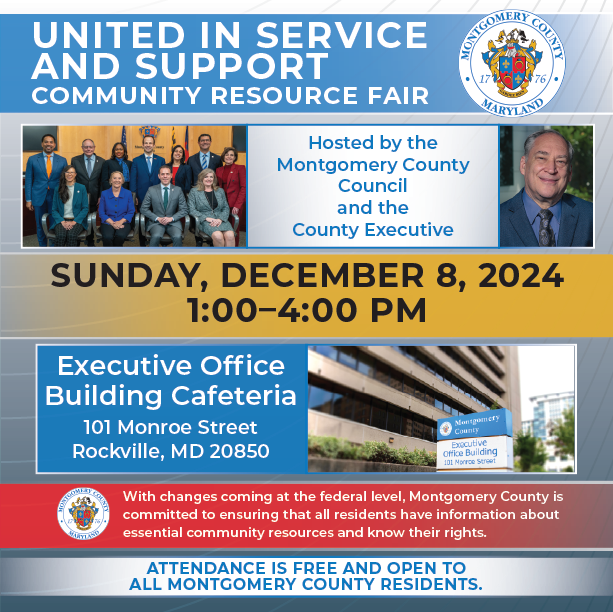 United in Support and Service Community Resource Fair on Dec. 8 featuring photos of the Council and County Executive.