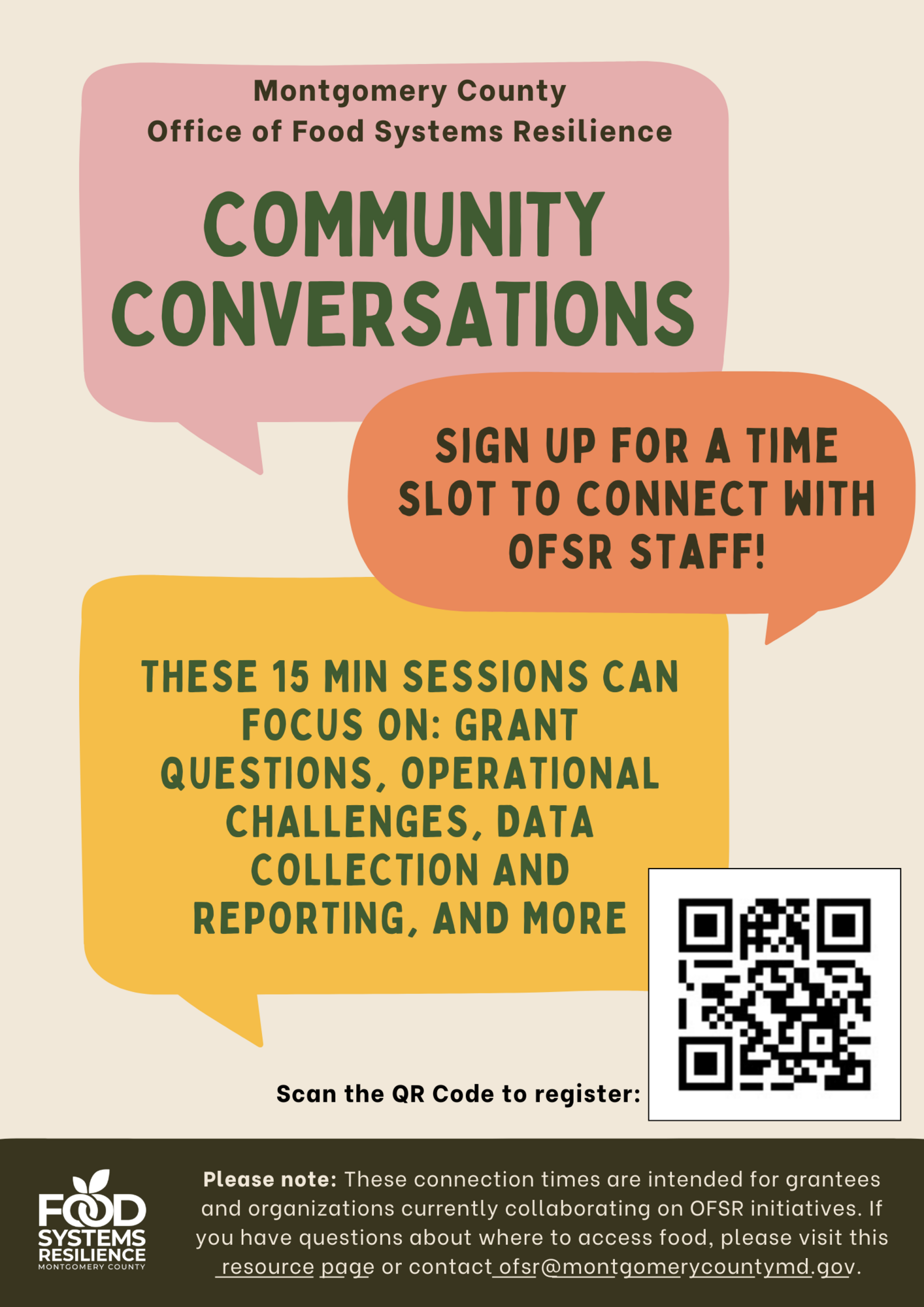 OFSR Community Conversations Flier to direct grantees to sign up for times to connect with staff OFSR Community Conversations Flier to direct grantees to sign up for times to connect with staff