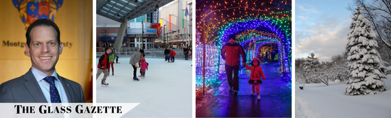 A banner with a picture of Councilmember Glass and three winter-themed photos