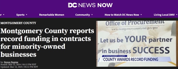 DC News Now article headline: “Montgomery County reports record funding in contracts for minority-owned businesses”.