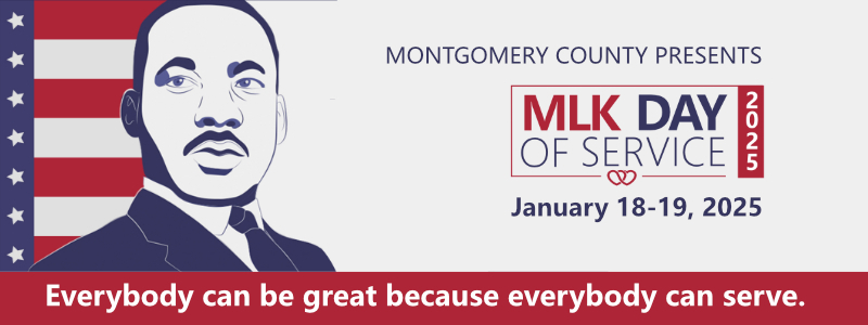 MLK Day of Service graphic with American flag and animated image of Dr. Martin Luther King, Jr.