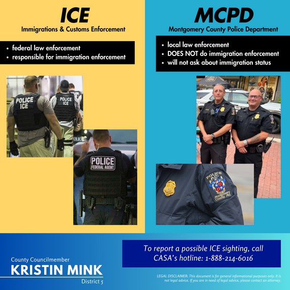 Images of ICE officers wearing Police ICE and Police Federal Agent vests, and images of MCPD officers with police uniform and MCPD insignia.