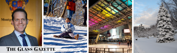 A banner that reads "The Glass Gazette" with a picture of Councilmember Glass and three pictures of winter activities