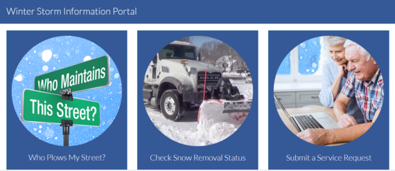 A screenshot of the Winter Storm Information Portal, with information about street plowing, snow removal and service requests
