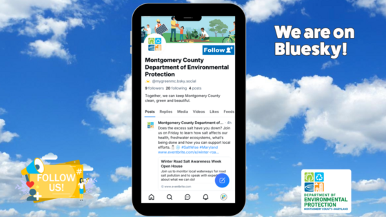 Iphone with screenshot of DEP Bluesky profile in the sky with the words "We are on Bluesky" and a sign saying "follow us"
