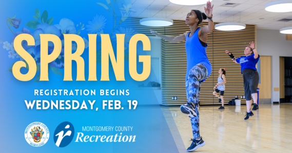 A banner advertising the Department of Recreation's spring programming, for which registration opens February 19