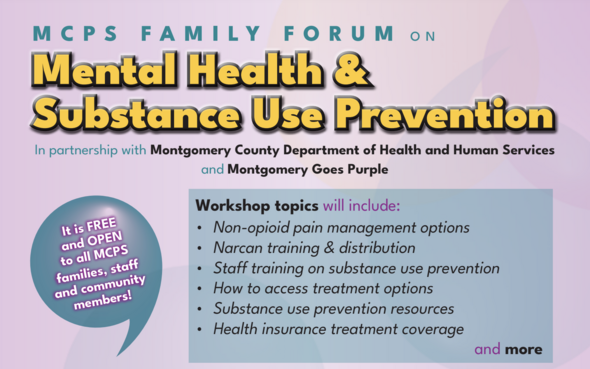 A graphic advertising the mental health forum, which will take place at Gaithersburg High School on Saturday March 1 from 8:00 a.m. - 12:00 p.m.