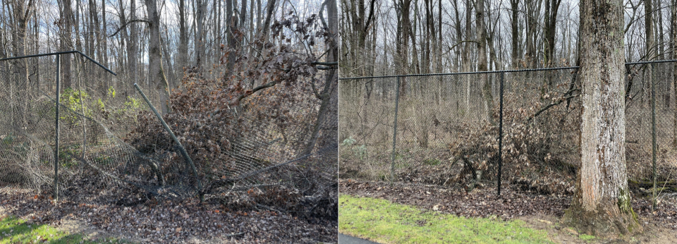 Two photos side-by-side: one of the broken fence and one showing it repaired
