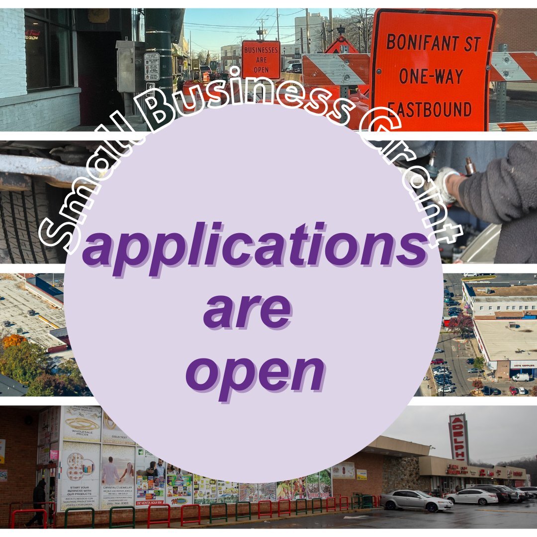 A graphic that reads "applications are open" with regard to the Purple Line Small Business Grant Program 