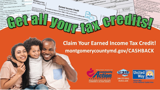 Orange and green infographic with a woman, child and man. “Get all your tax credits! Claim your earned income tax credits!”