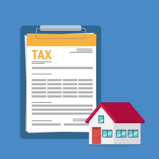 A graphic showing a house next to a clipboard with a tax form