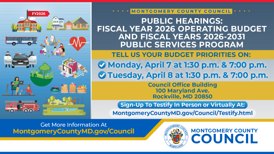 Blue, yellow and white PSA for FY26 operating budget public hearings.