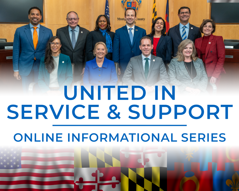 Split photo of Councilmember and flags for the “United in Service & Support Online Information Series”