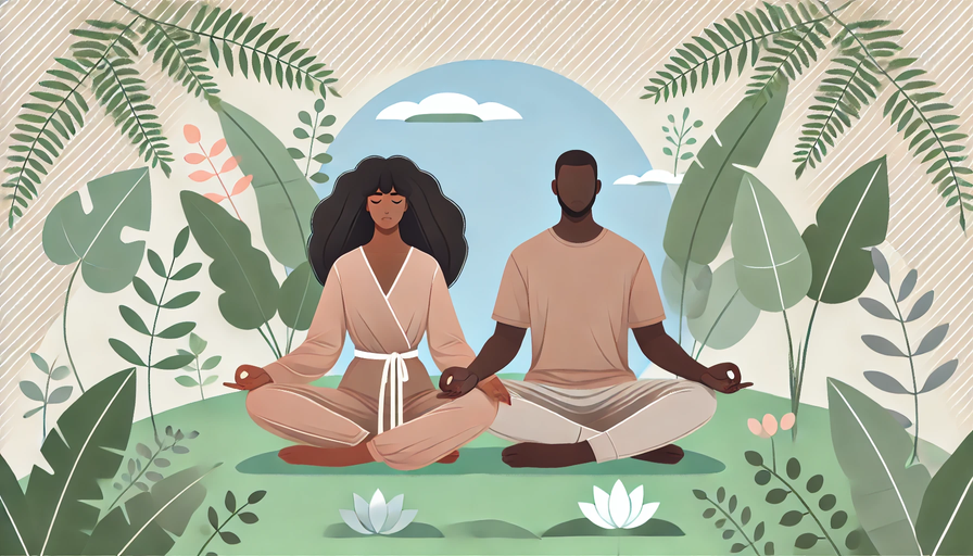 Animation of an African American woman and man meditating with plants surrounding them.