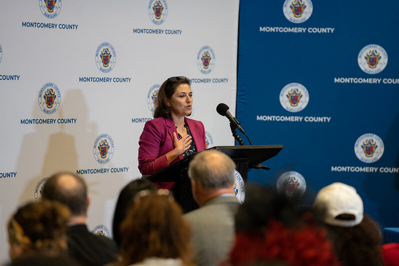 Council President Stewart speaks at the 2023 bill signing ceremony for the Rent Stabilization law.