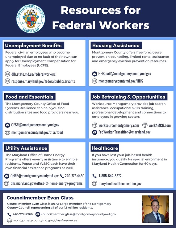 A screenshot of Councilmember Glass' flier with resources for federal workers. The flier is available on CM Glass' website under "resources"
