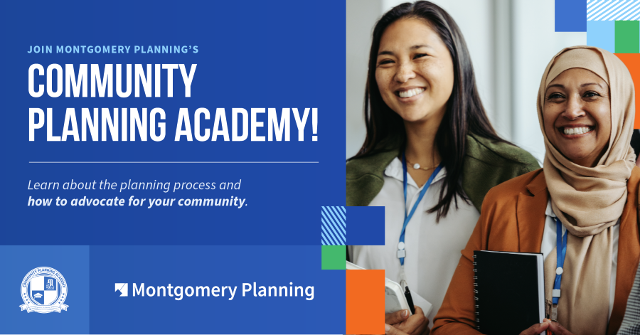 Two women hold notebooks and smile. Join Montgomery Planning’s Community Planning Academy!