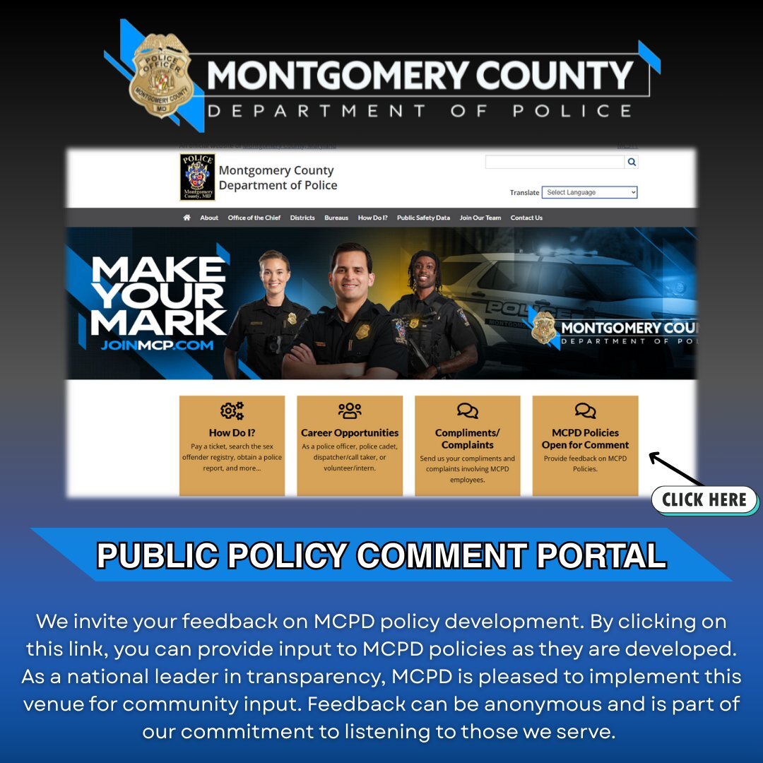 MCPD homepage with an arrow pointing to the Public Policy Comment Portal.