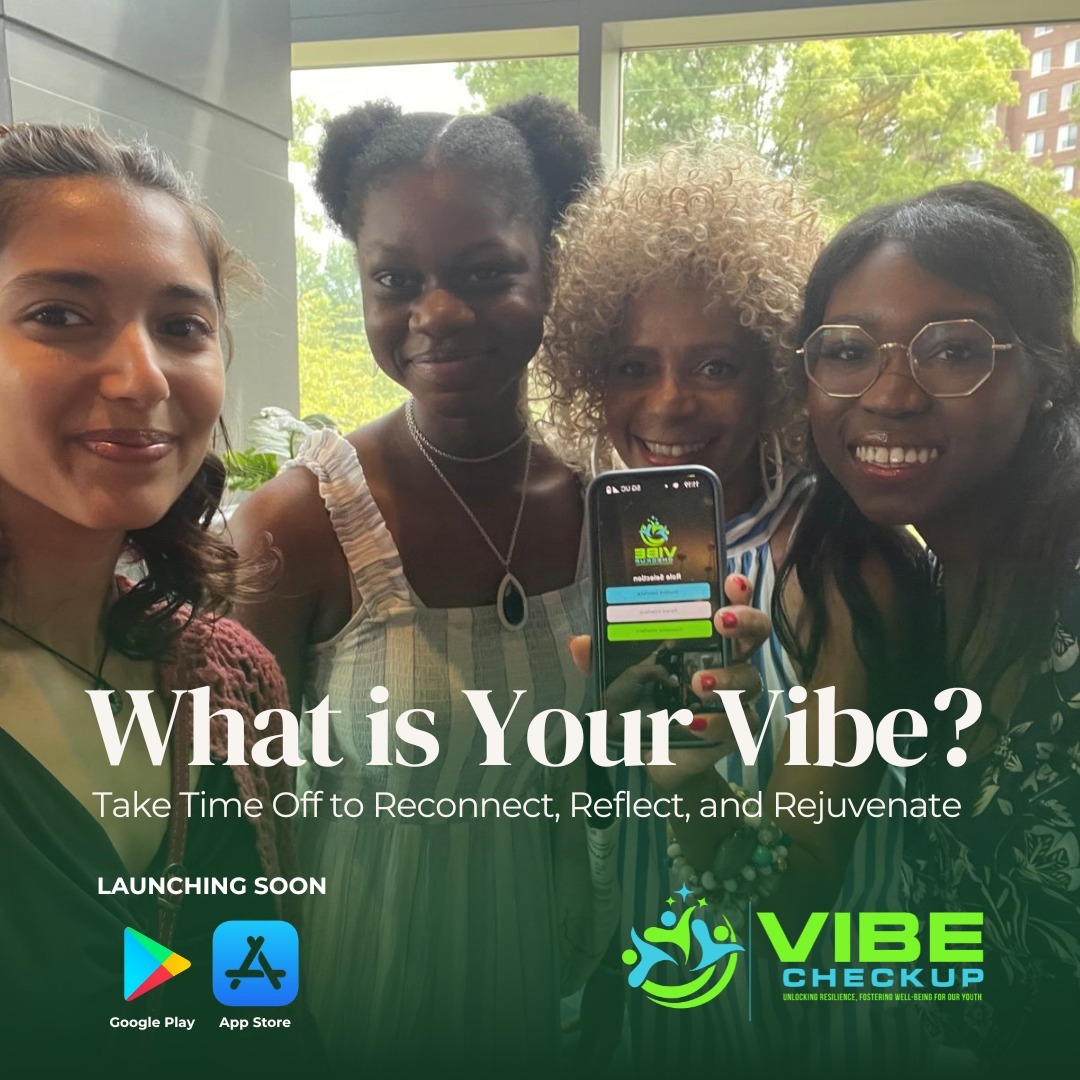 4 women with one holding up a phone screen displaying an app. Text: What is Your Vice? Take time off to reconnect, reflect and rejuvenate.