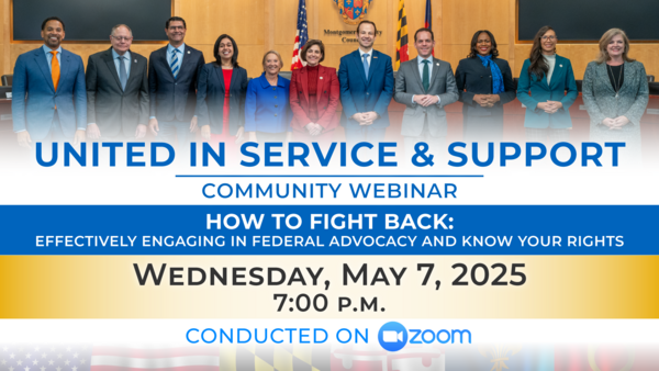 Text: United in Service and Support Community Webinar. “How to fight back: effectively engaging in federal advocacy and Know Your Rights.”