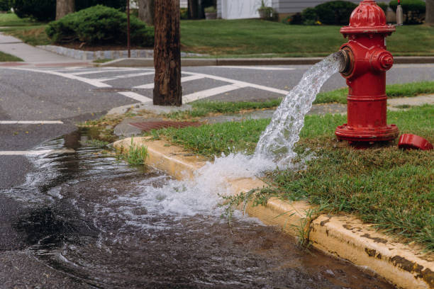 A red fire hydrant is open and spewing water into the street