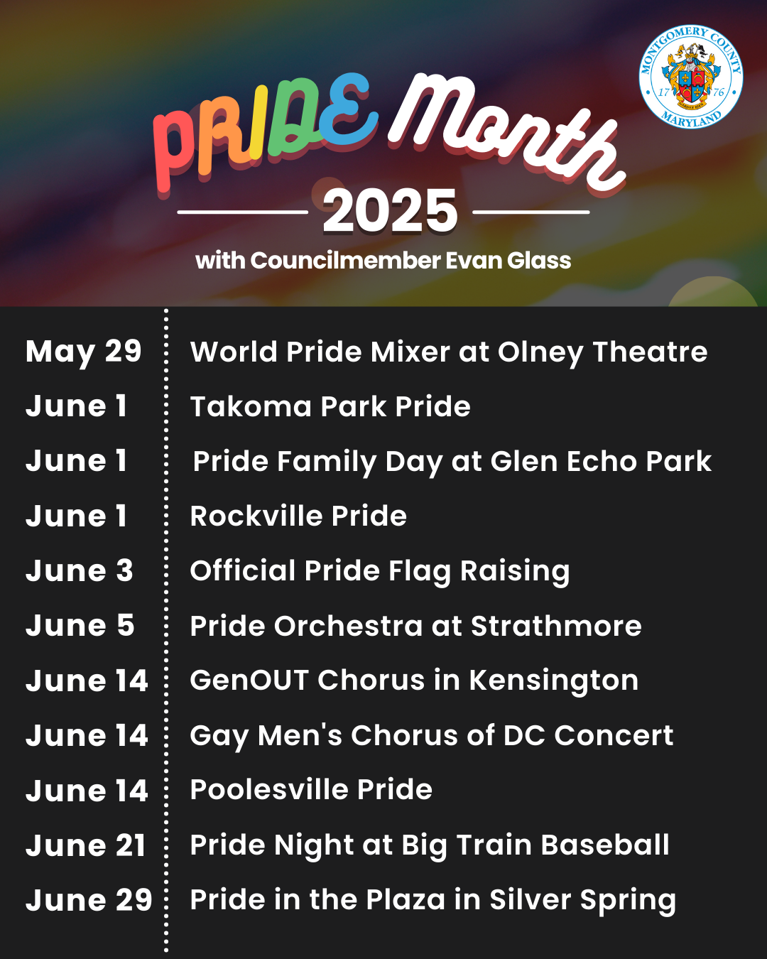 A list of ten different Pride events happening throughout Montgomery County over the next month